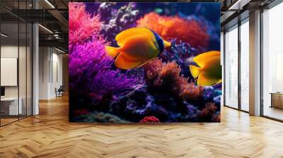 Vibrant underwater scene showcasing colorful coral and tropical fish swimming gracefully among beautiful marine life. Wall mural