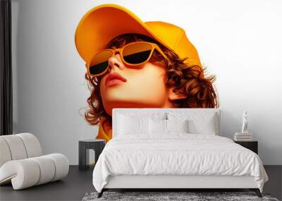 Youth in vibrant orange outfit and sunglasses Wall mural