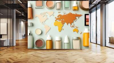 A flat lay of cosmetic products and a world map, depicting beauty themes related to global skin tones and diversity. Wall mural