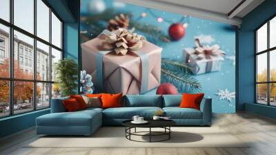 Christmas gift boxes collection, Christmas rope and Christmas balls, on a blue background, banner for website Wall mural