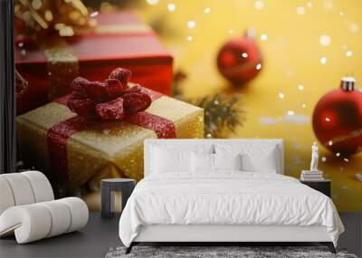 Christmas gift boxes collection, Christmas rope and Christmas balls, on a yellow background, banner for website Wall mural