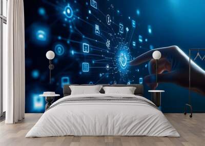 Hand touching a digital screen with icons of technology and online network connection, cloud storage, or security system on a dark blue background Wall mural