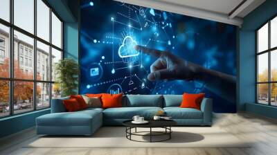 Hand touching a digital screen with icons of technology and online network connection, cloud storage, or security system on a dark blue background Wall mural