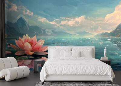 Lotus flower on water with mountain views, meditation, serenity and spirituality concept, illustration generative ai Wall mural