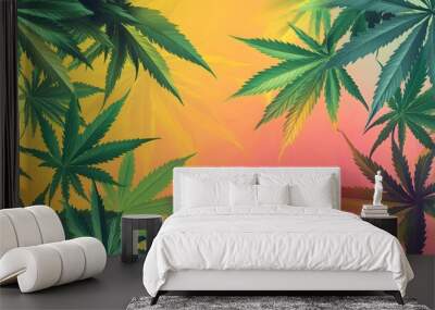 Marijuana leaves on a colorful background, close up top view on cannabis leaves and branches on colorful background for alternative medical and marketing design concept Wall mural