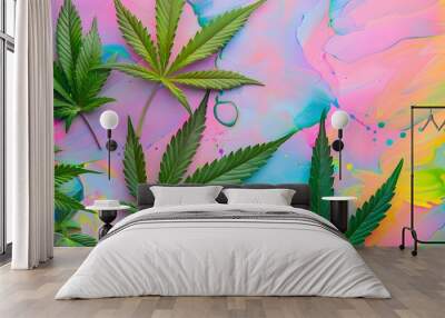 Marijuana leaves on a colorful background, close up top view on cannabis leaves and branches on colorful background for alternative medical and marketing design concept Wall mural