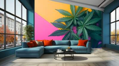 Marijuana leaves on a colorful background, close up top view on cannabis leaves and branches on colorful background for alternative medical and marketing design concept Wall mural