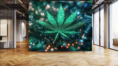 Marijuana leaves on a pixel technology background, close up top view on cannabis leaves and branches on technology background for alternative medical and marketing design concept Wall mural