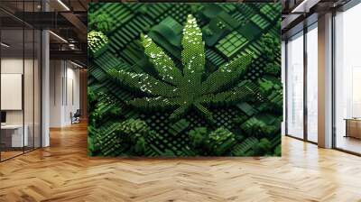 Marijuana leaves on a pixel technology background, close up top view on cannabis leaves and branches on technology background for alternative medical and marketing design concept Wall mural