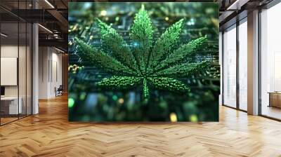 Marijuana leaves on a pixel technology background, close up top view on cannabis leaves and branches on technology background for alternative medical and marketing design concept Wall mural