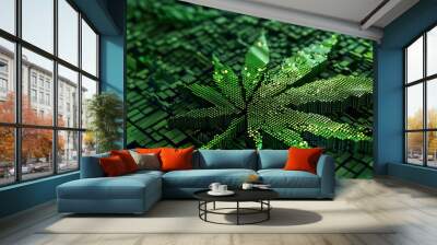 Marijuana leaves on a pixel technology background, close up top view on cannabis leaves and branches on technology background for alternative medical and marketing design concept Wall mural