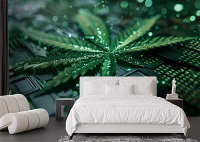 Marijuana leaves on a technology background, close up top view on cannabis leaves and branches on technology background for alternative medical and marketing design concept Wall mural