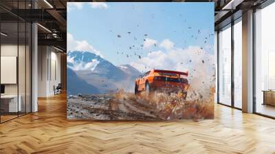 Rally racing car on dirt track, in the mountains, extreme sport activities theme, created with generative ai Wall mural