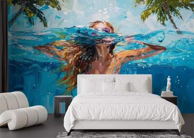 swimming in the pool, woman with long wavy red hair wearing a pink and blue pastel neon suit floating underwater, which in Generate AI Wall mural