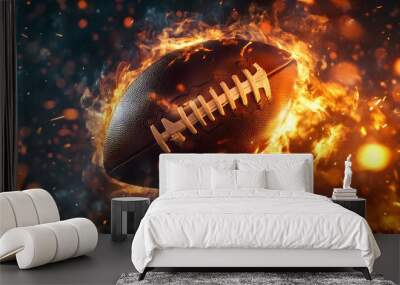 The ball is speeding of american football with fire effects, View of the american football stadium, which is magnificent and modern Wall mural