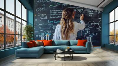 female scientist writing chemical formulas on a blackboard in a laboratory environment. education an Wall mural