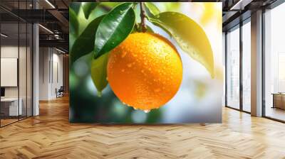 Orange hanging on a tree branch in a vibrant orchard, surrounded by fresh leaves and the beauty of nature in summer and autumn Wall mural