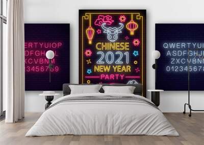 2021 Chinese New year of white bull poster in neon style with alphabet. Celebrate invitation of asian lunar new year. Neon sign, bright banner. Party invitation design template. Vector illustration. Wall mural