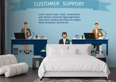 Call center employee characters set with headset with award ribbon. Support service staff at the tables. Wall mural