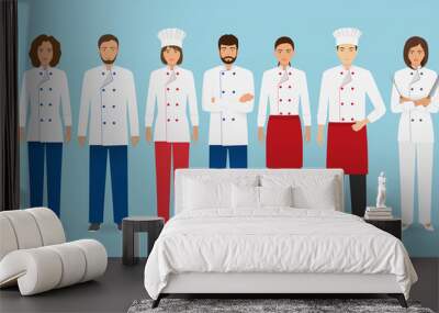 Food service occupation team standing in uniform. Group of catering characters chef, cook, waiters and barman. Wall mural