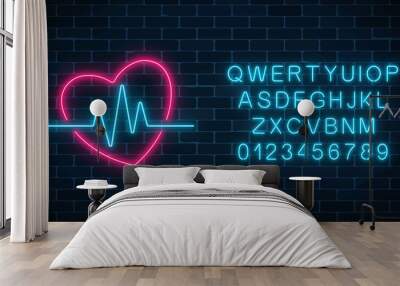 Glowing neon medicine concept sign with cardiogram graph in heart shape and alphabet. Drugstore advertising signboard. Wall mural