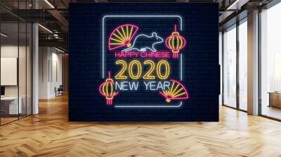 Happy Chinese New 2020 Year of white rat greeting card design in neon style. Zodiac sign for banner, flyer, invitation Wall mural