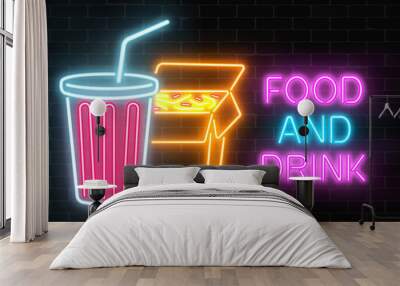 Neon food and drink glowing signboard on a dark brick wall background. Chinese noodles and plastic cup of beverage Wall mural