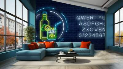 Neon sign of tequila bar with bottle and drink in glass with alphabet. Mexican drink emblem in neon style. Wall mural