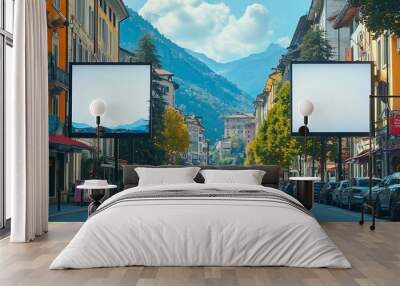 2 largeformat billboards next to each other on a street in Switzerland in Ticino Lugano : Generative AI Wall mural