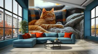 A cozy room with a sofa a plaid a red cat in a simple scandinavian style : Generative AI Wall mural