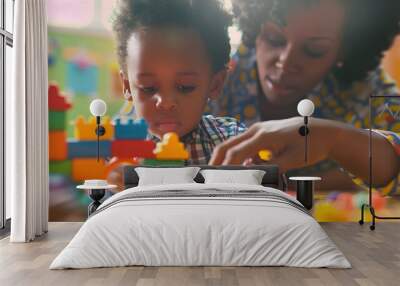 A cute little African child plays with colorful didactic educational toys His proud mother supports him Kindergarten teacher with child : Generative AI Wall mural