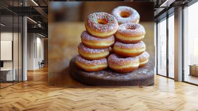 A delicious assortment of donuts a popular baked good and staple food in American cuisine is stacked on a wooden table These sweet confectioneries are perfect finger foods : Generative AI Wall mural