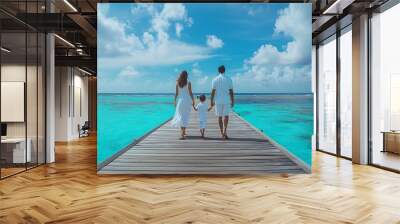 A happy family in white summer clothing on vacation walks along a wooden pier over tropical turquoise ocean in the Maldives Indian Ocean : Generative AI Wall mural