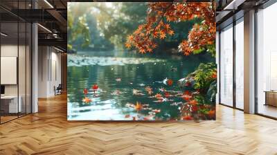 A Japanese garden with a Japanese maples on the forgetting and background sure surrounding a carp lake : Generative AI Wall mural