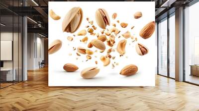 A set with Flying in air fresh raw whole and cracked pistachios, almonds and hazelnut isolated on white background. Concept of Pistachios almonds and hazelnut is torn to pieces close-u : Generative AI Wall mural