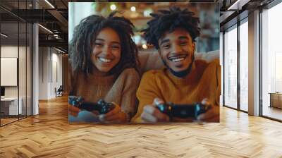 A smiling man and woman play video games together on a sofa in a cozy modern living room fostering a sense of fun and togetherness : Generative AI Wall mural