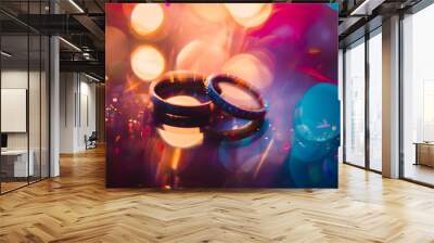 A wedding is a ceremony where two or more people are united in marriage Wedding traditions and customs vary greatly between culturesselective focus wedding concept ring : Generative AI Wall mural