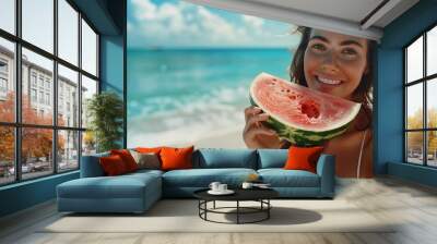 A woman is eating a watermelon on a beach The watermelon is cut in half and she is holding it in her hand The beach is a beautiful and relaxing setting with the ocean in the background : Generative AI Wall mural