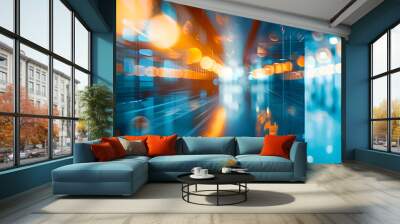 abstract blur modern interior inside entrance building of office in blue background with orange light effect concept : Generative AI Wall mural