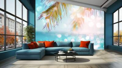 Abstract seascape with palm tree tropical beach background blur bokeh light of calm sea and sky summer vacation background concept : Generative AI Wall mural