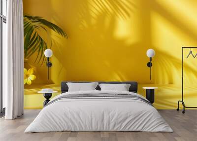 Abstract yellow color gradient studio background for product presentation Empty room with shadows of window and flowers and palm leaves  3d room with copy space Summer concert Blurred  : Generative AI Wall mural