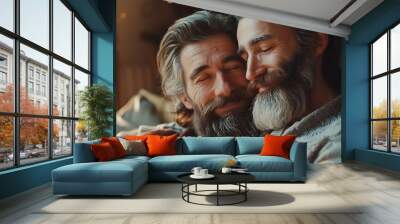 Adult hipster son fun hugging old senior father at home two generations have a beard talking together and relaxing with smile 2 man happy enjoy to living at home in fathers day with lo : Generative AI Wall mural