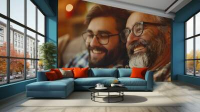 Adult hipster son fun hugging old senior father at home two generations have a beard talking together and relaxing with smile 2 man happy enjoy to living at home in fathers day with lo : Generative AI Wall mural