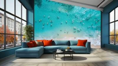 aerial top view of a white sand beach with crystal clear turquoise water and people on the beach and inside the water enjoying the sun : Generative AI Wall mural