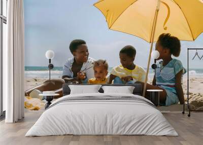 African american children talking with parents while relaxing on sandy beach against sky copy space Unaltered family together childhood picnic nature vacation parasol enjoyment and sum : Generative AI Wall mural