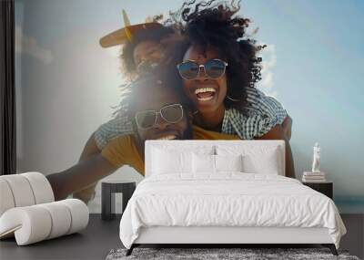 African american happy couple having fun piggyback riding and playing airplane on the beach  Black man and afro hair woman in playful moment on the shore at summer time  Concept of hap : Generative AI Wall mural