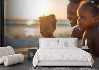 African sisters twins playing on the beach with smiling mother  Main focus on right kid face : Generative AI Wall mural