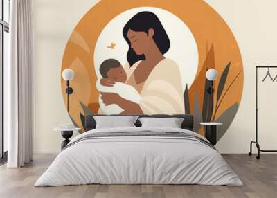 AI generated: Breastfeeding illustration, mother feeding a baby with breast with nature and leaves background. Concept vector illustration in cartoon style. Wall mural