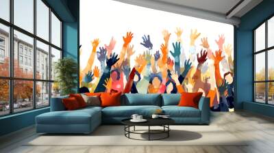 AI generated: Crowd of happy people group, welcoming and applauding. Active fans audience with hands up standing together. Young men and women yelling at event. Flat vector illustration isolated on wh Wall mural