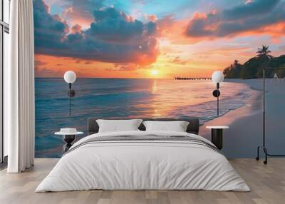 Amazing sunset island landscape at Maldives Luxury resort water villas and jetty Beautiful beach seascape with soft led lights colorful sky background for vacation holiday Paradise rom : Generative AI Wall mural